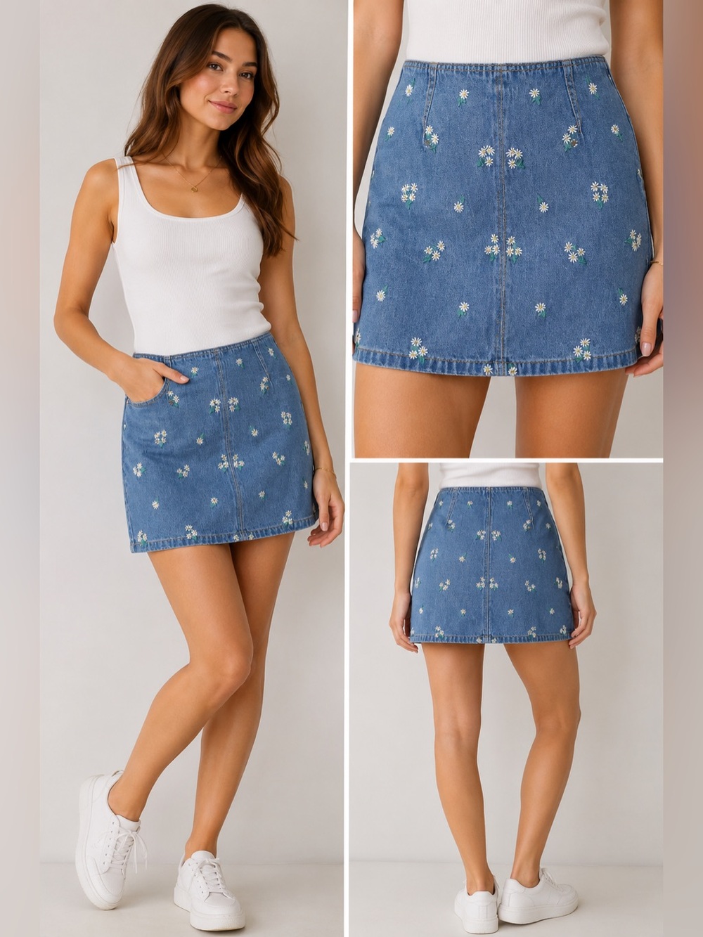 H&M Daisy Embroidered Denim Mini Skirt Blue Chambray Floral Y2K Cottagecore 2